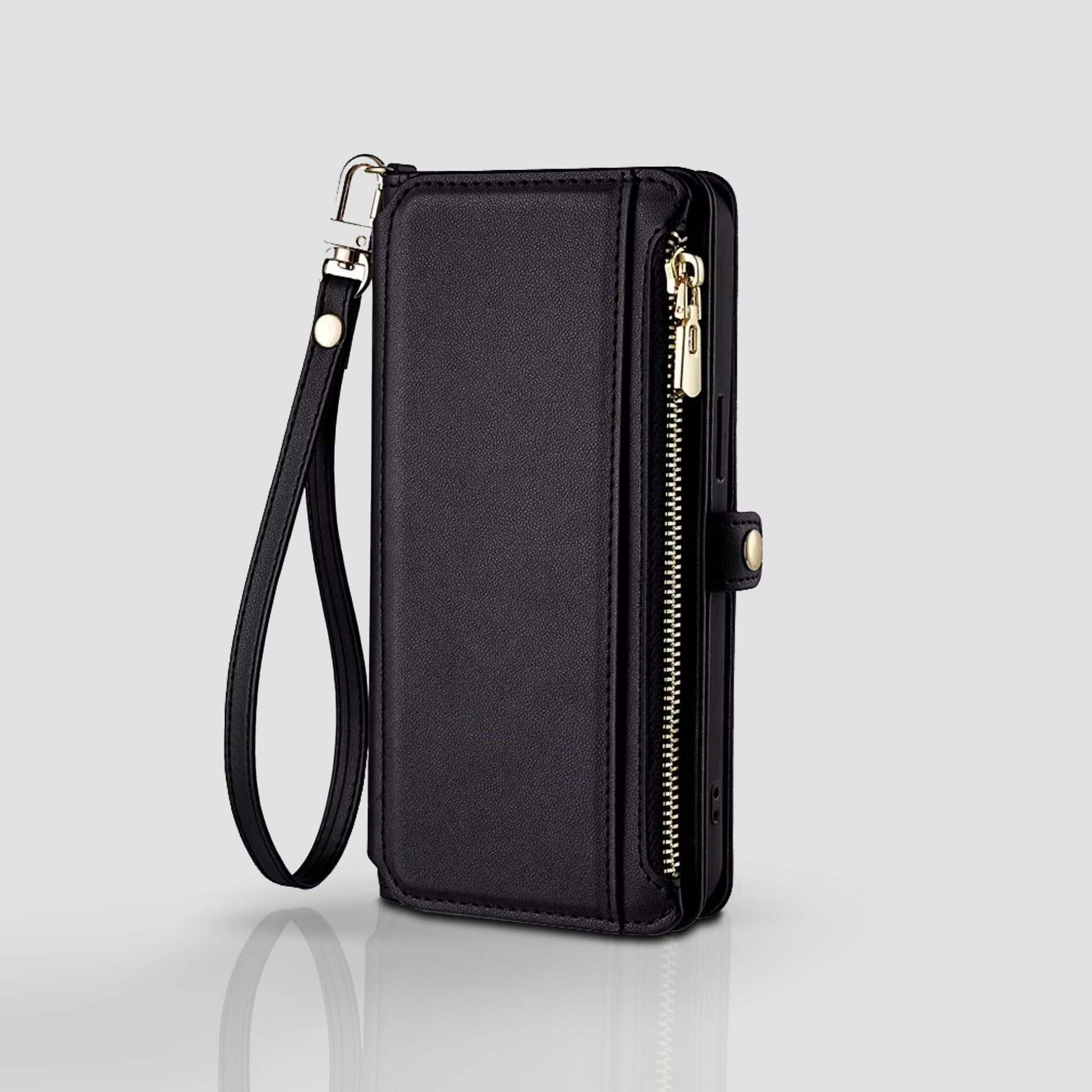 Alt="Coque portefeuille Iphone couleur noir en cuir avec dragonne incluse et fermeture zipper"