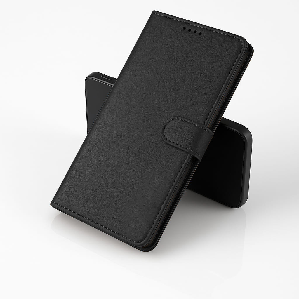 Alt="Coque telephone samsung cuir noir portefeuille pour cartes bancaire et d'identité"