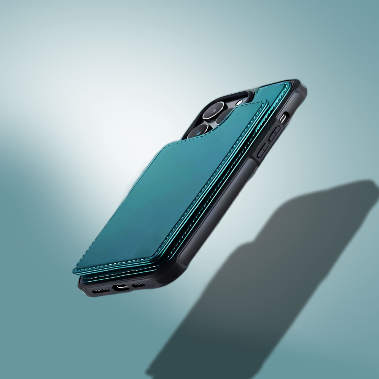 Alt="etui portefeuille iphone bleu et coque anti-choc intégré"
