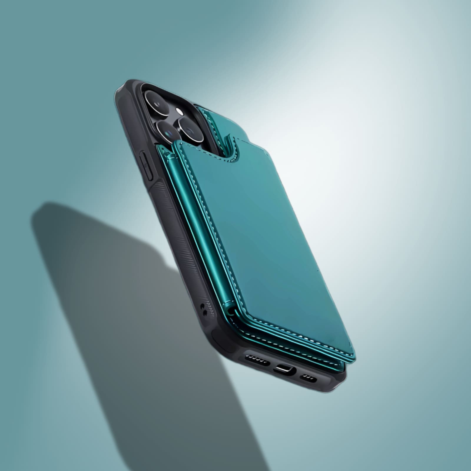 Alt="coque pour iphone en cuir couleur bleu avec portefeuille intégré et fermeture magnétique sécurisé"