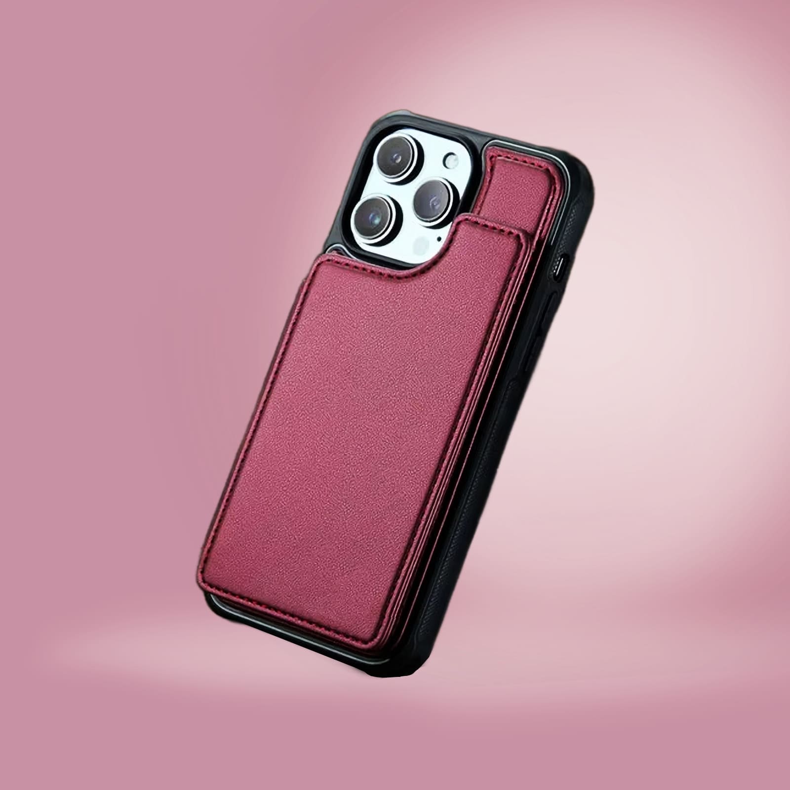 alt="protection pour iphone rose en cuir PU avec portefeuille multicartes et protection RFID intégrée, matériaux durable et sans produit animaux"