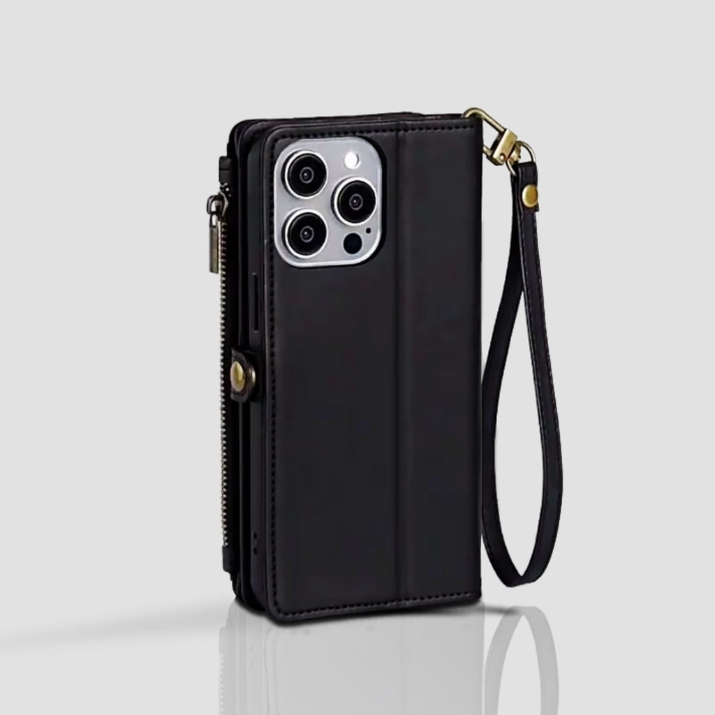 Alt="Protection anti-choc pour iphone avec portefeuille intégré couleur noir en cuir avec attache fermeture magnétique et fermeture et fermeture zipper"