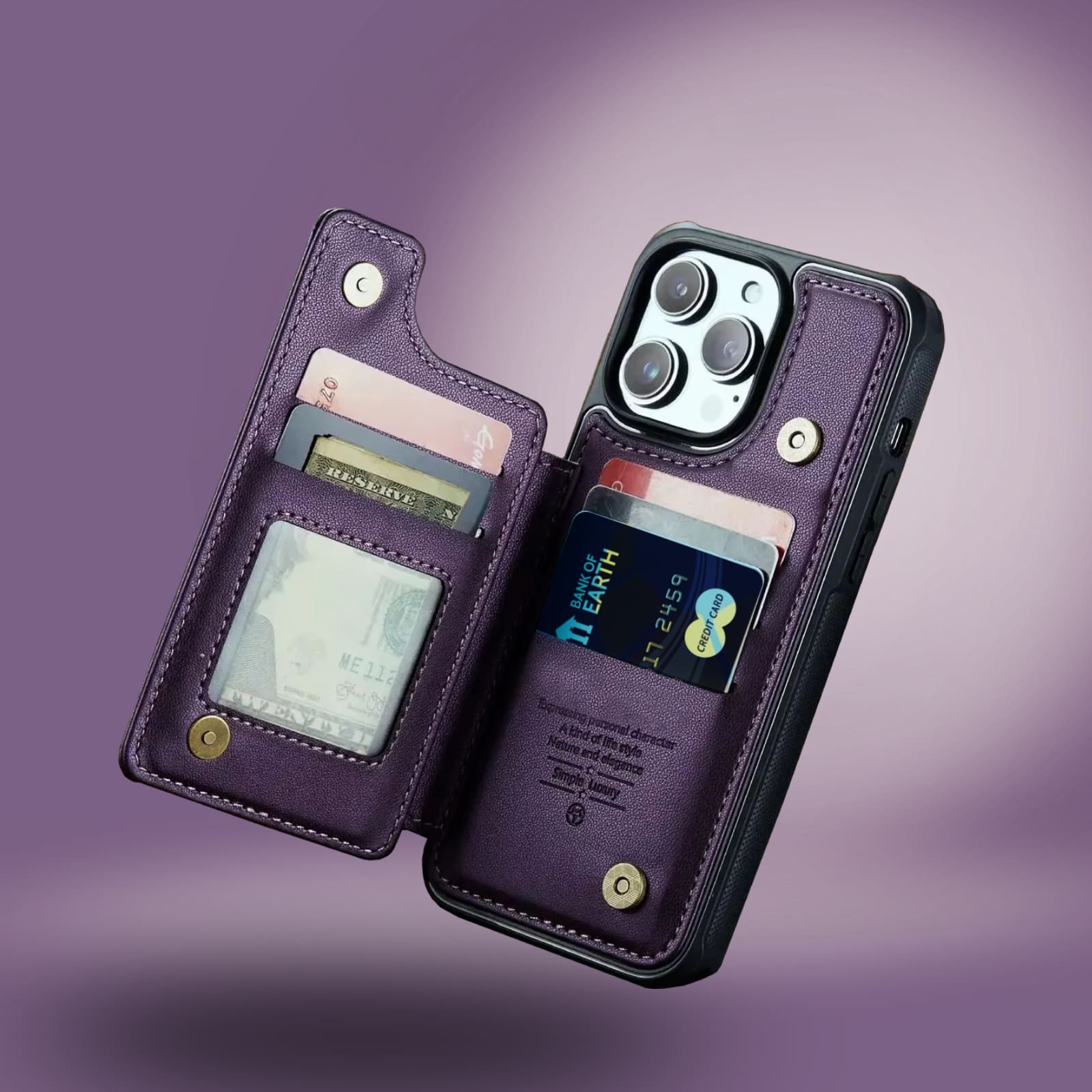 Alt="coque et portefeuille pour iphone couleur violet haute qualité porte cartes intégré protection anti piratage de données"