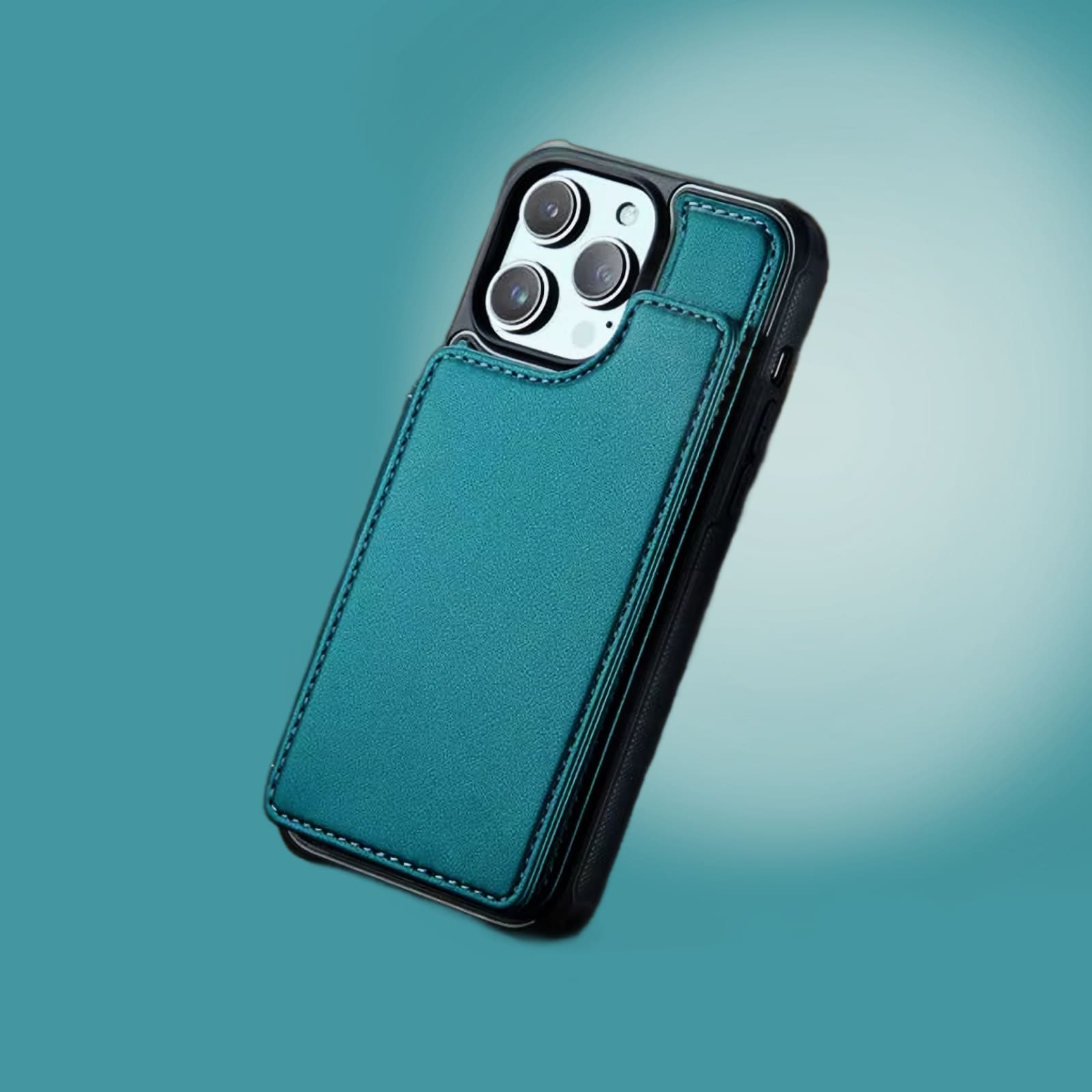 Alt="coque téléphone pour iphone en cuir couleur bleu avec portefeuille multi-cartes intégré et espace de rangement"